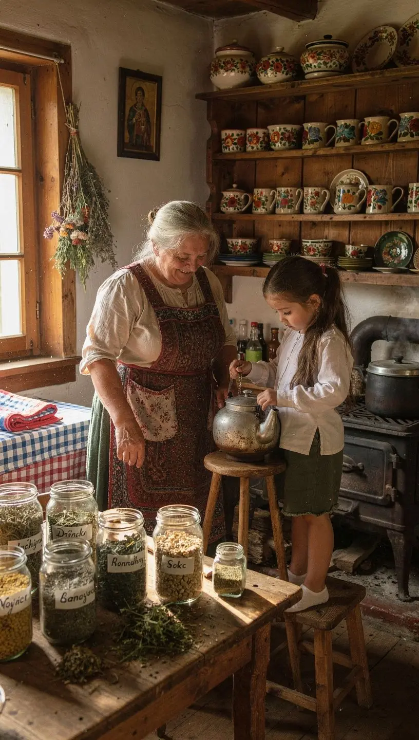 Čajová súprava s pohármi a čajníkom na drevenom stole