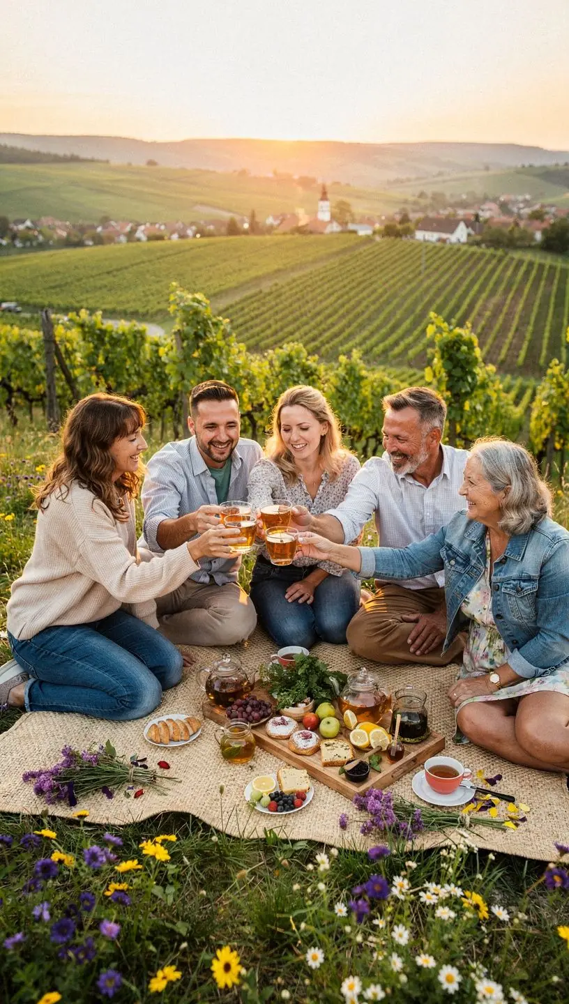 Pohár voňavého bylinného čaju s čerstvými bylinkami na pozadí