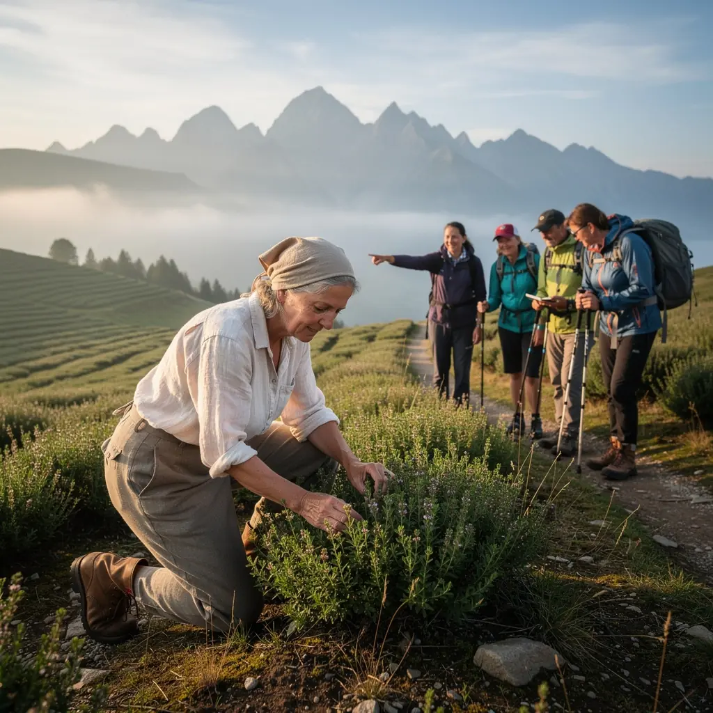 Záber na čajovú súpravu s pariacim sa čajom a čajovníkom v pozadí.